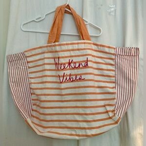 Loft Striped Orange and White Lightweight Cotton Canvas Tote Bag Size 28”x18”